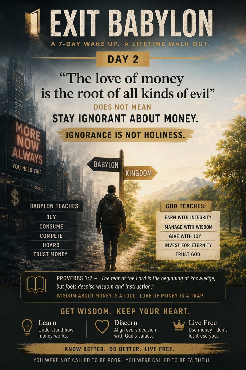 Xitbabylon's tweet photo. Exit Babylon, Day 2: 

“The love of money is the root of all kinds of evil” does not mean “stay ignorant about money.”  Ignorance is not holiness.

#ExitBabylon #KingdomFinance https://t.co/h1l2CIrR2i