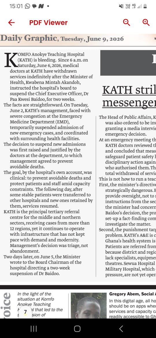 etsedafeamekpor's tweet photo. 1. This is the front page of the Daily Graphic. A govt- sponsored newspaper that has for some strange reasons decided to gloss over major positive govt activities but instead focus on negative happenings. 

2. As we speak, the Prez is in Europe seeking investments from the British and Belarusians for the Nation. A major news item

3. As we speak, the Vice Prez has toured some flood prone areas in Accra and visited Alajo in the company of the Interior Minister, GAR Minister, Accra Mayor etc. A major news item 

4. As we speak, Govt has successfully evacuated nearly 1000 Ghanaians stranded in South Africa due to xenophobic attacks. A major news item 

5. Yet, the Editor of the Daily Graphic has once again, deliberately decided to highlight on its front page, a strike action by KATH doctors because the CEO has been suspended by the KATH Board for some alleged admin misjudgments pending investigations. Nobody is above the law. We are all subject to discipline of the law. 

6. So for Daily Graphic to highlight what’s really a disciplinary issue render major govt policy moves as footnotes on its front page is journalistically most undesirable. 

I leave it here…….