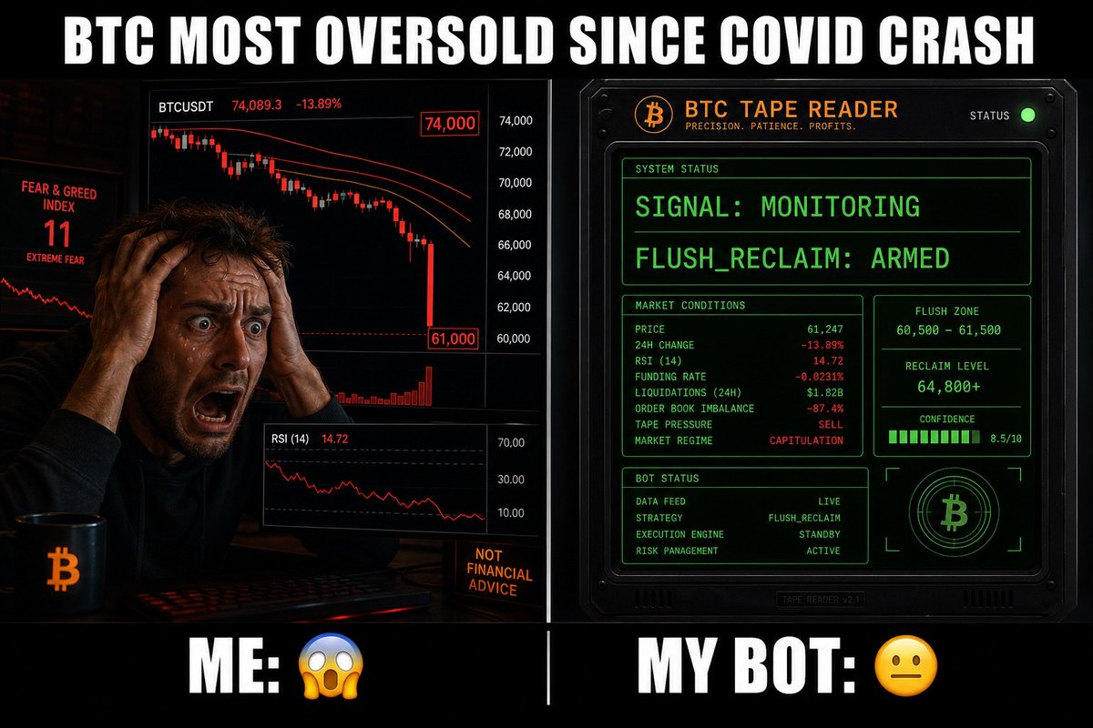 BTCTapeReader's tweet photo. Crypto Twitter right now: “IT’S OVER. SELL EVERYTHING.”

My BTC Tape Reader bot right now: scanning 49 coins, armed on flush_reclaim, zero SL hits.

The market doesn’t care about your feelings.
Neither does my bot.

😐📡
#Bitcoin #BTC #CryptoMeme https://t.co/h3UeuoP4lr