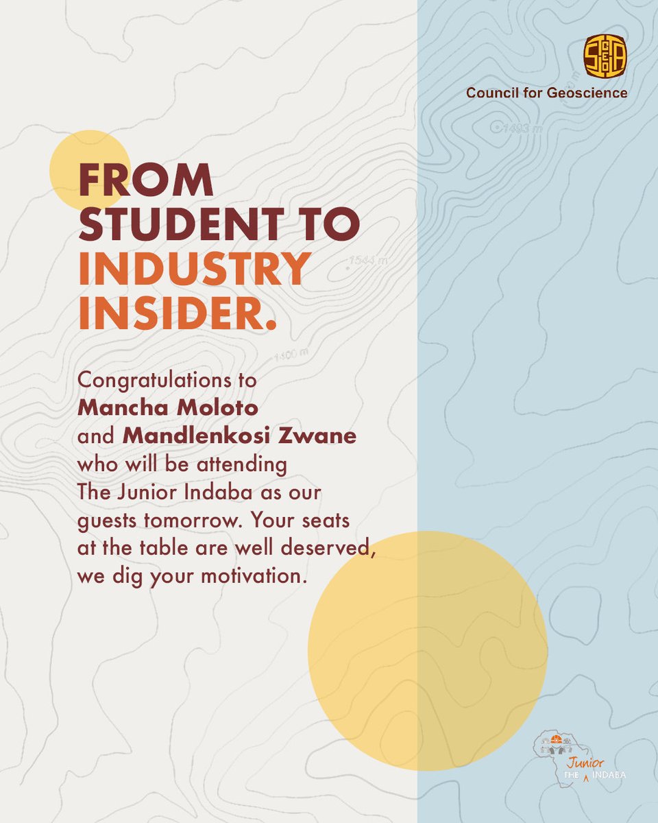 CGS_RSA's tweet photo. From lecture halls to industry halls.

Congratulations to Mandlenkosi and Mancha, winners of our student competition, who will be joining us at The Junior Indaba 2026 tomorrow. 

This is an opportunity to step beyond the textbook and see how knowledge is applied in real-world industry settings.

We’re excited to see them gain firsthand exposure to the industry and make the most of this experience.

#JuniorIndaba2026 #CouncilForGeoscience #InvestInNext #JuniorMining