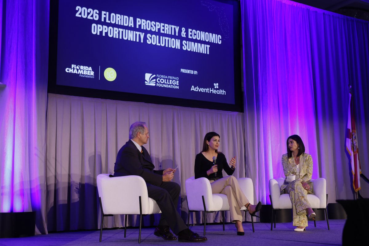FLChamberFDN's tweet photo. At today's 2026 Florida Prosperity & Economic Opportunity Solution Summit, First Lady of Florida Casey DeSantis took the stage with Taylor N. Hatch, Secretary of the Florida Department of Children and Families, and Mark Wilson, President & CEO, Florida Chamber of Commerce and Foundation, to share insights on what’s needed to break the cycle of generational poverty and securing the path to prosperity for all Floridians.

#ProsperitySummitFL