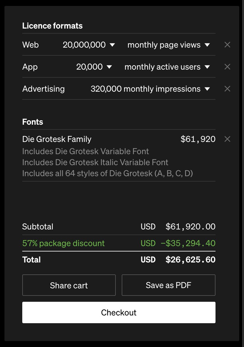 abhagsain's tweet photo. Is AI not coming for these font designers?
wtf is this pricing for a font https://t.co/CaZnyFNaAs