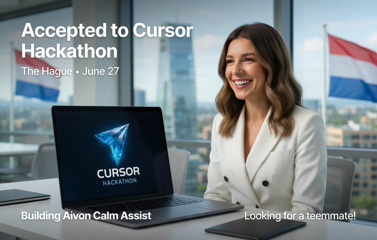 Anna_Rebeca_'s tweet photo. Accepted to @cursor_ai  Hackathon in The Hague on June 27th! 🇳🇱✨ Super excited to build in a focused 12-hour sprint. I’ll be working on @AivonSystems  Calm Assist — my calm #AI assistant for small business owners and solo founders (tasks, reminders, invoicing & workflows).

Looking for a teammate (need 2-4 person teams) If you’re going and want to team up, DM me.

Big thanks to the organizers @andreaskruszaki @dav_pukha @mondayrunner 🙏

https://t.co/XKKUO1Uul6

#CursorHackathon #AgenticAI #Hague #AivonSystems