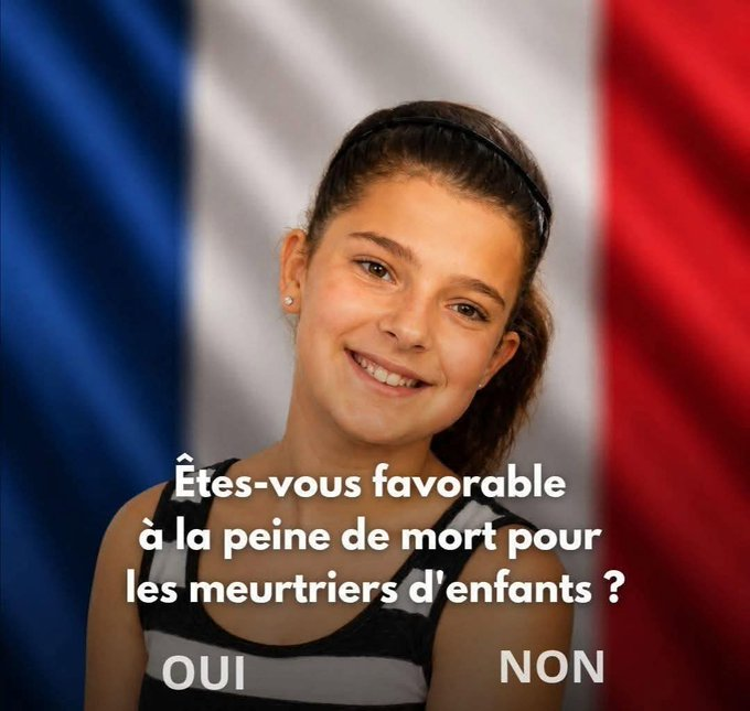 BelleMonjeau's tweet photo. Êtes-vous favorable à la peine de mort pour les meurtriers d'enfants ?

A-OUI
B-NON

RT en masse, s'il vous plaît, pour avoir l'avis de tout le monde. https://t.co/olaQwiQU4P