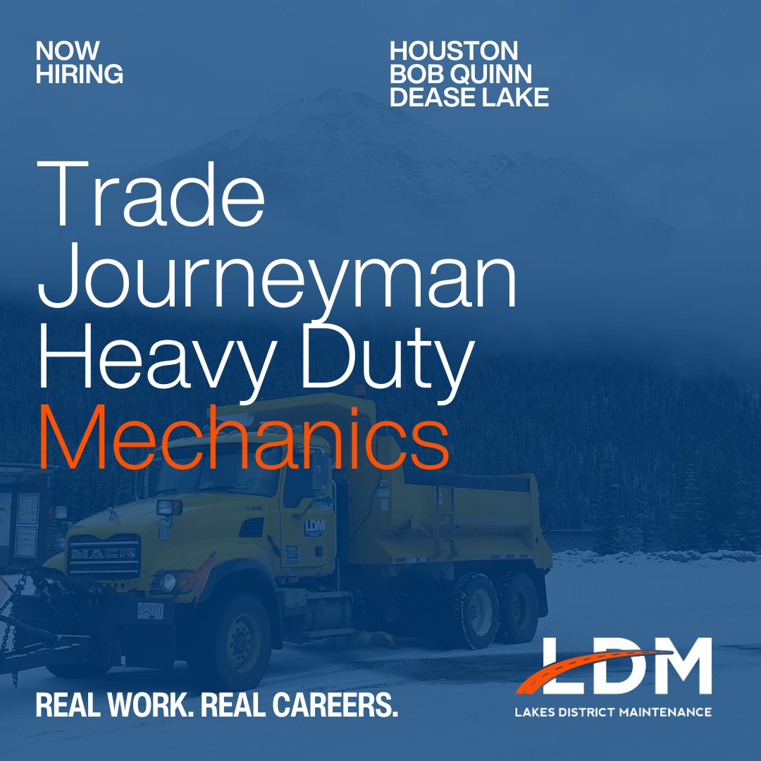 LDMLakes's tweet photo. We’re hiring Trade Journeyman Heavy Duty Mechanics in Houston, Bob Quinn and Dease Lake, BC.  

Join our team for competitive wages, benefits, pension, training and permanent work that keeps Northern BC moving. 

Apply: https://t.co/v1H6JaZjCW https://t.co/Hov26nWnIr