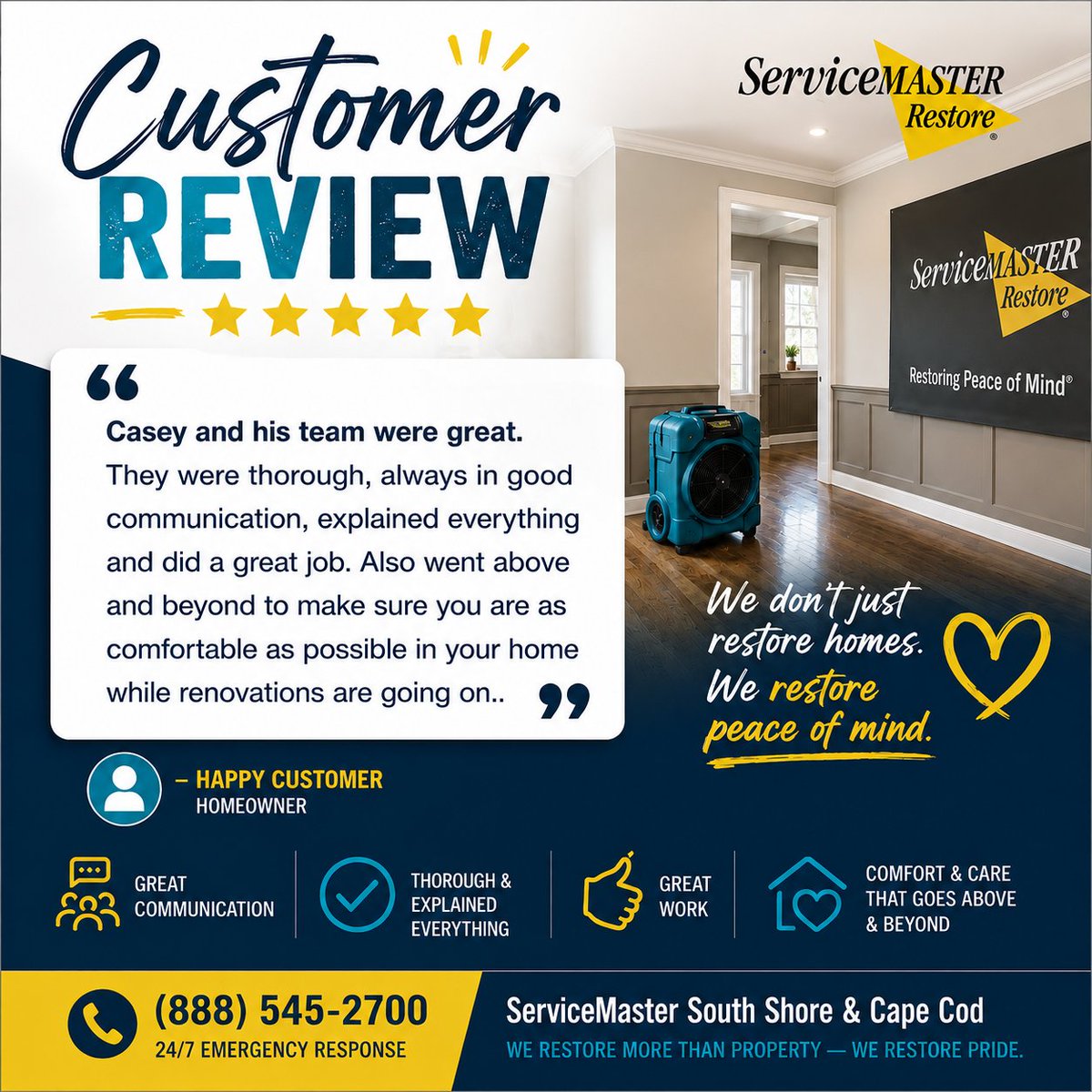 SMSoShore's tweet photo. ⭐⭐⭐⭐⭐ Customer Review Spotlight
Great communication. Quality workmanship. Genuine care.
We're proud to recognize Casey and the team for delivering an exceptional customer experience and helping homeowners feel comfortable throughout the restoration process. https://t.co/YOI2EE81WY