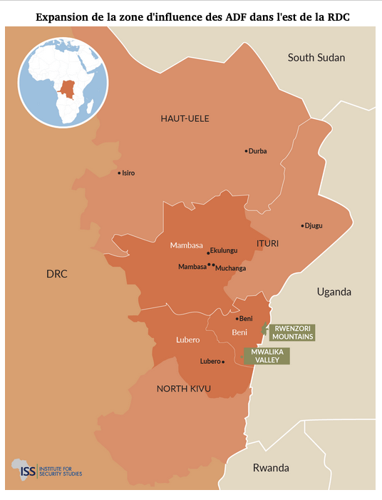 afrikarabia's tweet photo. #RDC Une note de l'@ISSAfricaFR révèle que "les #ADF résistent aux avancées militaires" et que le groupe armé affilié à l'Etat islamique a étendu sa zone d'influence. "La pression militaire a favorisé les opérations mobiles et décentralisées des ADF". https://t.co/HEIuJKlwJr https://t.co/Z8oaanVtk0