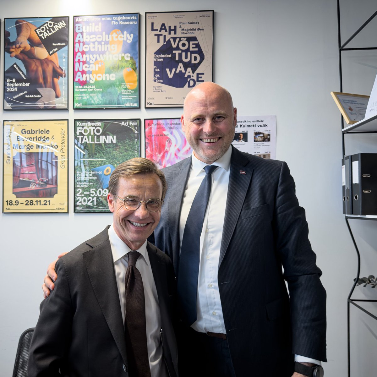SwedishPM's tweet photo. First meeting with my new Latvian colleague, PM Andris Kulbergs, in Tallinn today, during the Nordic Baltic Summit. 

The bond between Sweden and Latvia is strong, not least when it comes to security and defence. Together we make our region safer and stronger. https://t.co/Pm5mCpfob3