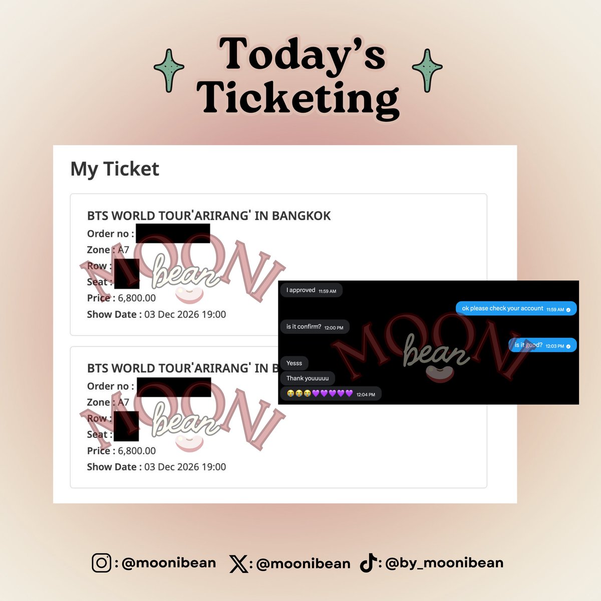 moonibean's tweet photo. เปิดรับบริการกดบัตร BTS BANGKOK 🇹🇭

🎫 LIVE NATION PRE-SALE

✨ รับเพียง 2 คิวเท่านั้น
• ใช้บัญชีของลูกค้าเอง
• ชำระเงินหลังจากกดบัตรสำเร็จ

🌍 เปิดรับแฟนต่างชาติ

หากสนใจ กรุณาส่งข้อความ (DM) มาได้เลยค่ะ

wtb wts bts bangkok bkk ticketing service
#BTS_WORLDTOUR_BANGKOK https://t.co/SOSEqWboGH