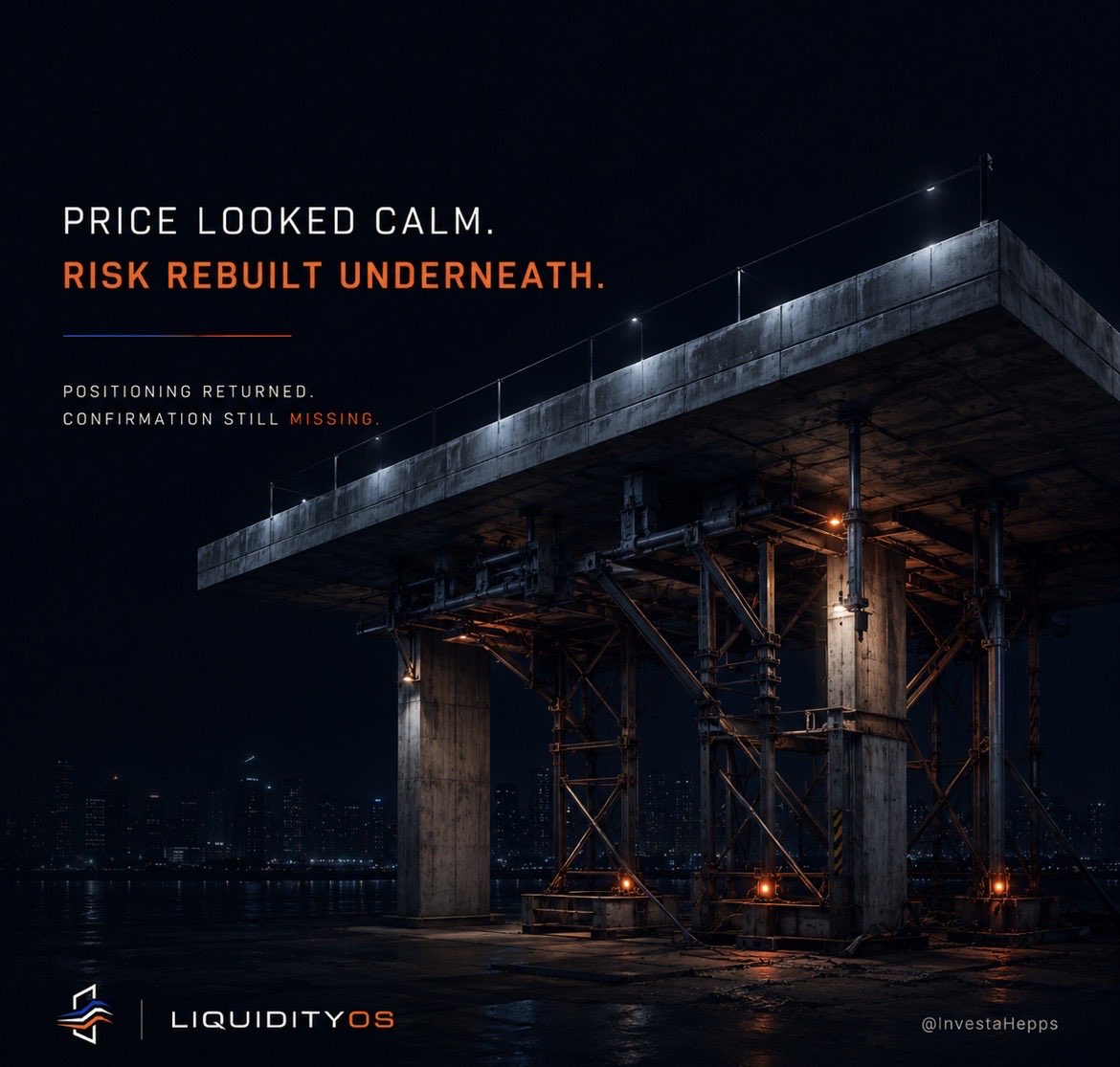 InvestaHepps's tweet photo. The quiet days can be the most revealing, not because price moves a lot but because positioning does.

BTC slipped slightly, ETH was basically flat, TOTAL and TOTAL3 barely moved. On the surface, it looked like the market was pausing after the bounce, but underneath price, open interest rebuilt.

BTC OI rose while BTC price softened, TOTAL OI rose even faster while the broader market also slipped, that is where the read changes, this was not clean expansion, it was positioning coming back before price confirmed.

After a deleveraging flush, a bounce can be healthy if pressure comes out and capital returns behind it, but when price stalls, liquidity weakens and OI starts rebuilding again, the setup becomes more fragile.

The market is no longer just relieving pressure, it is adding exposure back into an unconfirmed structure.

Stablecoins did not support the rebuild, exchange reserve fell, netflow stayed negative, outflows remained above inflows. So activity returned after the weekend, but the liquidity balance stayed weak.

ETF flows were mixed, ETH inflows almost offset BTC weakness, so this was not a heavy institutional outflow day but it was not a strong demand confirmation either.

Structure remains unresolved, TOTAL3 is still below key structure, ETH/BTC is still weak and TOTAL3/BTC improved on the day but remains weak on the week, that gives some short term relative support but not broad rotation.

Macro improved at the surface, high-beta equities bounced, the dollar eased but real yields stayed restrictive, bond volatility remained a pressure point and stablecoin dominance rose. So the broader macro backdrop is better than it was, but still mixed.

That is the full tension, price is not panicking but the system is not repairing, liquidity slightly contracted, structure stayed weak, macro improved but crypto did not absorb it cleanly and positioning rebuilt before confirmation arrived.

That is why quiet price action matters, sometimes the risk is not in the candle, it is in what the market starts rebuilding underneath.