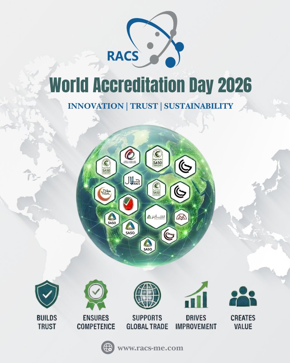 RACSUAE's tweet photo. RACS is celebrating World Accreditation Day 2026 under the theme: Innovation | Trust | Sustainability

#WorldAccreditationDay2026 #Accreditation #Quality #Trust #Sustainability #Innovation #RACS #GlobalTrade #Excellence #Certification #Standards https://t.co/iADYTJGspy