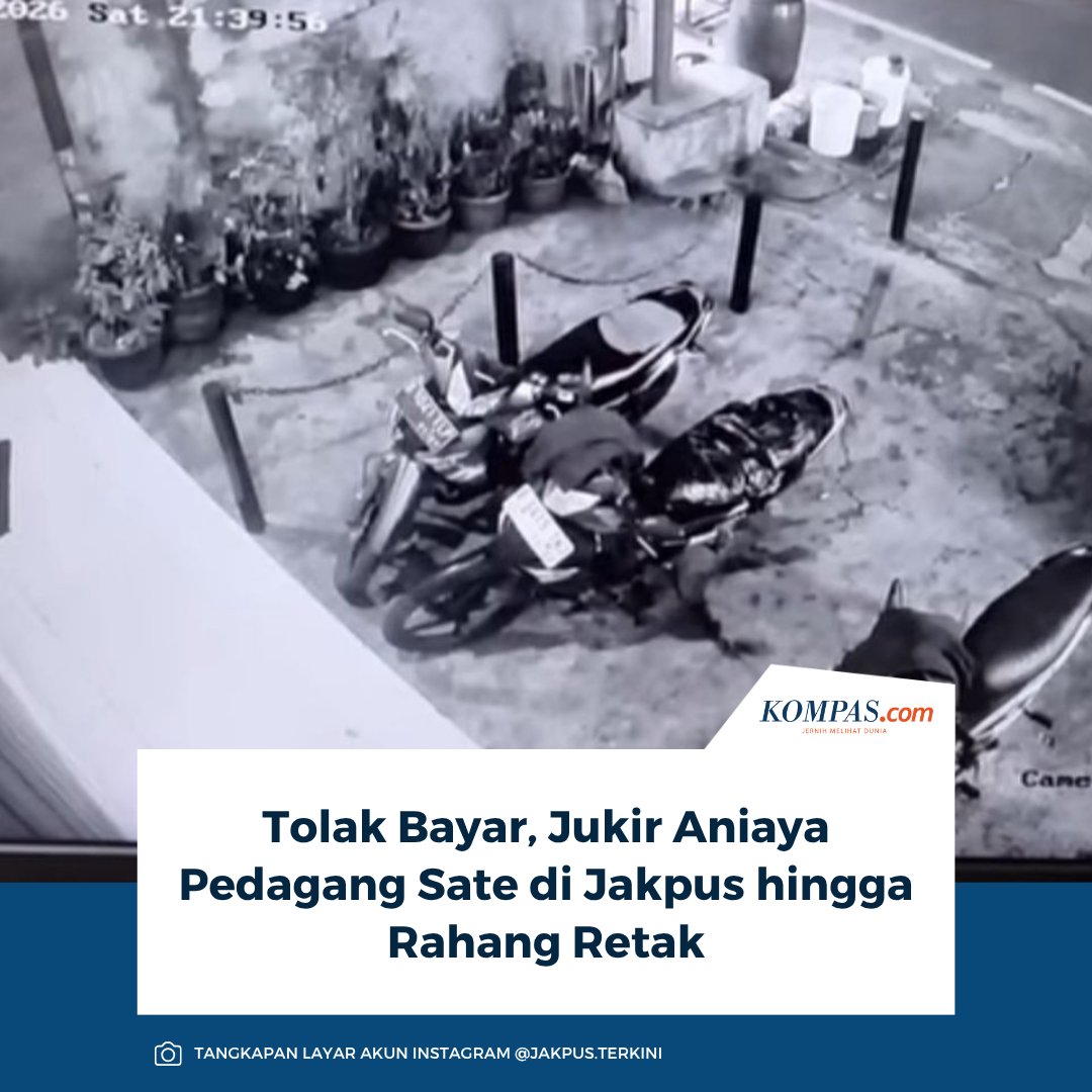 kompascom's tweet photo. Baca di sini: https://t.co/WP2LPDiD2H

HL (26), pedagang sate padang dan jus di Jalan Percetakan Negara, Kecamatan Cempaka Putih, Jakarta Pusat mengalami luka pipi kiri dan retak rahang kanan usai dianiaya dua juru parkir (jukir) pada Sabtu (6/6/2026).

~AC #Kasus #Aniaya https://t.co/jqVuImZdUL