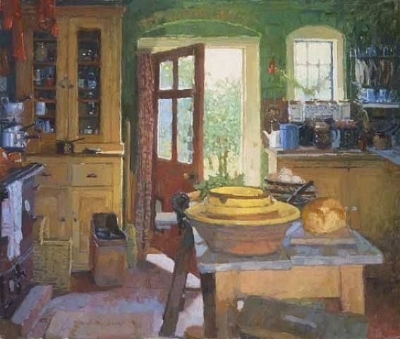 HWarlow's tweet photo. ‘The Potters Kitchen’
Nicholas Verrall 
He worked in picture conservation and restoration after his degree in Fine Art and Printmaking at Northampton School of Art 
Love the yellow 
Such a homely warmth from this one https://t.co/BpcHZukTr2