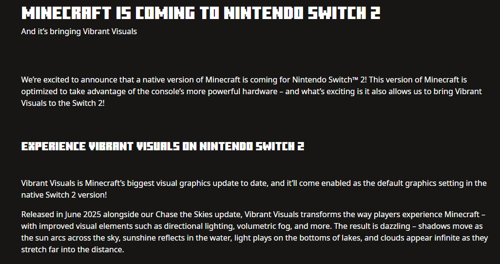 eckoxsoldier's tweet photo. A Switch 2 version of Minecraft Bedrock is launching later this year which will official support Vibrant Visuals!☀️🌊 

read more: https://t.co/mlMMG0f0zp https://t.co/dcd3Wssyoa