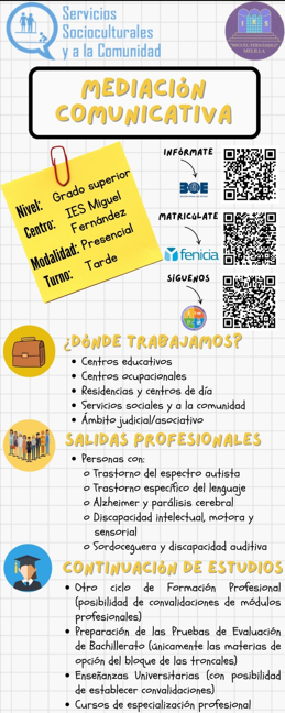 cadenasermel's tweet photo. FP @IESMF

🗣️ Ciclo Mediación Comunicativa

Salidas profesionales:

Personas con TEA TEL Discapacidad...

💚 Grado Superior en Educación y Control Ambiental

Técnico en control de espacio abiertos, informador...

🖋️ Inscríbete del 19/06 al 03/03 en

https://t.co/Og0C2D8gU5 https://t.co/26MqUjjIsQ