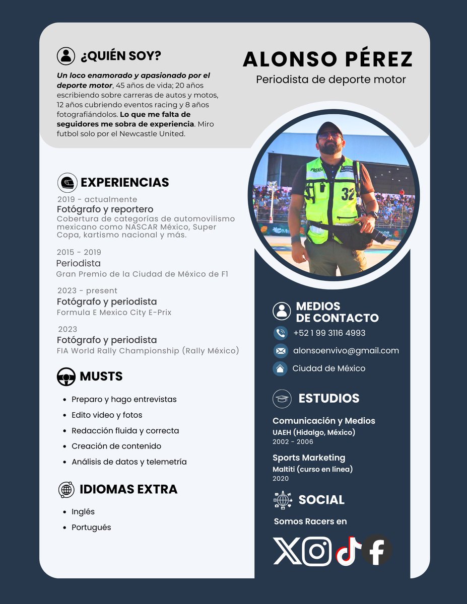 alonso_theracer's tweet photo. Periodista y fotógrafo de deporte motor busca trabajar para un medio especializado en deporte motor. Ya sea para escribir notas informativas, artículos o reportajes, o para cubrir eventos en México y otros países. 

No me interesa un sueldo, me interesa aportar mi experiencia, ejercer lo que sé sobre el deporte y seguir aprendiendo más sobre motorsports. 

👇