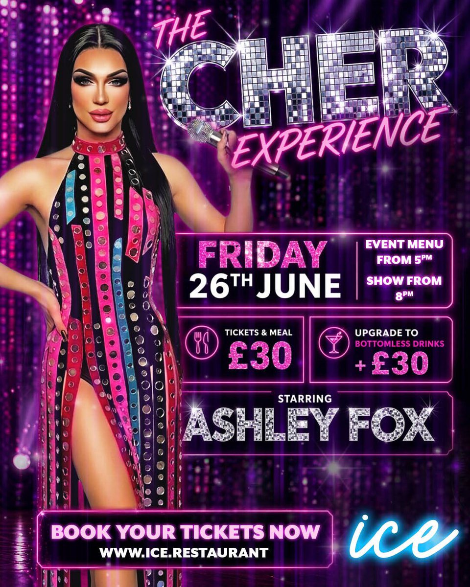 ICEsuffolk's tweet photo. Very limited number of tickets left for The Cher Experience starring drag excellence, Ashley Fox!

📅 Fri 26th June
🍽️ Tables and event menu from 5pm with show starting at 8pm
🎫 Ticket and meal £30

Book now at https://t.co/8qcTou7jgr 

#dragshow #burystedmunds #suffolkdrag https://t.co/rZcnbrpwFj