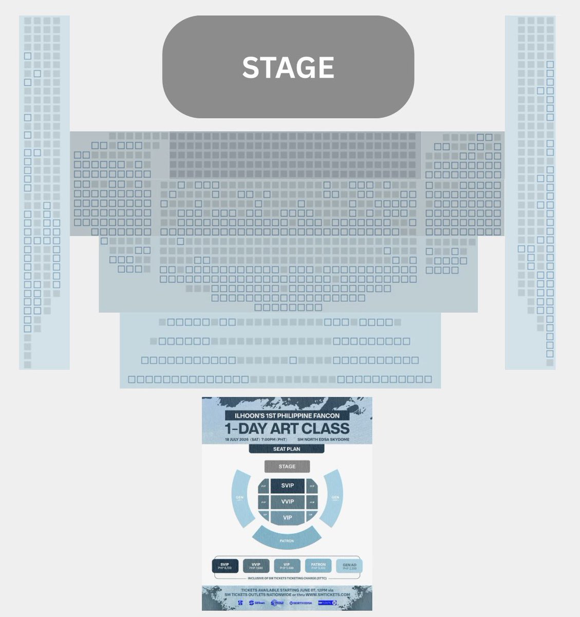 bwseokssi's tweet photo. hi meloonees! can’t sleep so i plotted the full seating as additional reference of view of the stage haha pls note that this is:

- not to scale
- only based on sm tickets site

taken/available seats are as of june 10, 1am :))

#ILHOON 
#ILHOON_in_Manila
#1DayArtClassWithILHOON https://t.co/fwZ2dXAk5b