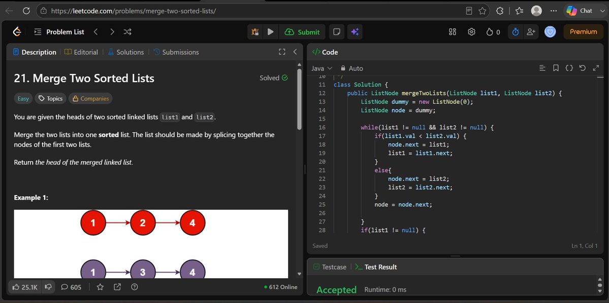 peanutshawty22's tweet photo. Day - 38 of #100daysodcode

and day - 9 of #SDESheetChallenge by @striver_79 @takeUforward_ 

✔️Reverse a LL
✔️Find Middle of Linked List
✔️Merge two Sorted Lists

#leetcode #LearnInPublic https://t.co/c9ujB0m3Zn
