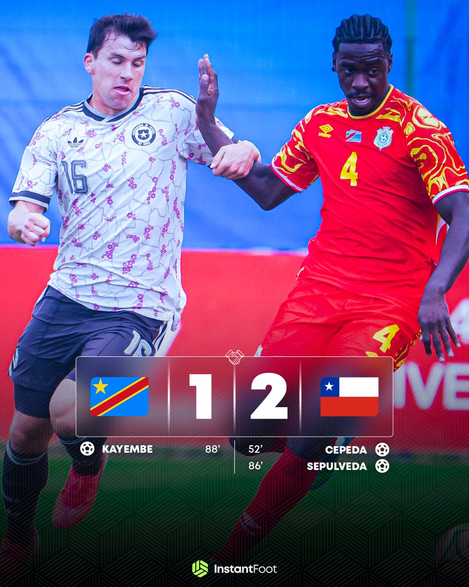 lnstantFoot's tweet photo. ⏱️ 𝗧𝗘𝗥𝗠𝗜𝗡𝗘́ ! 𝗟𝗔 𝗥𝗗𝗖 𝗦’𝗜𝗡𝗖𝗟𝗜𝗡𝗘 𝗘𝗡 𝗠𝗔𝗧𝗖𝗛 𝗔𝗠𝗜𝗖𝗔𝗟 𝗙𝗔𝗖𝗘 𝗔𝗨 𝗖𝗛𝗜𝗟𝗜 ! 🇨🇩 ❌

Défaite 2-1 des Léopards. ❌

📊 Le bilan des matchs amicaux de préparation en vue du Mondial pour la RDC :

🆚 Danemark 🇩🇰 : 0-0 🤝
🆚 Chili 🇨🇱 : 1-2 ❌

( 📸 @FecofaRdc )