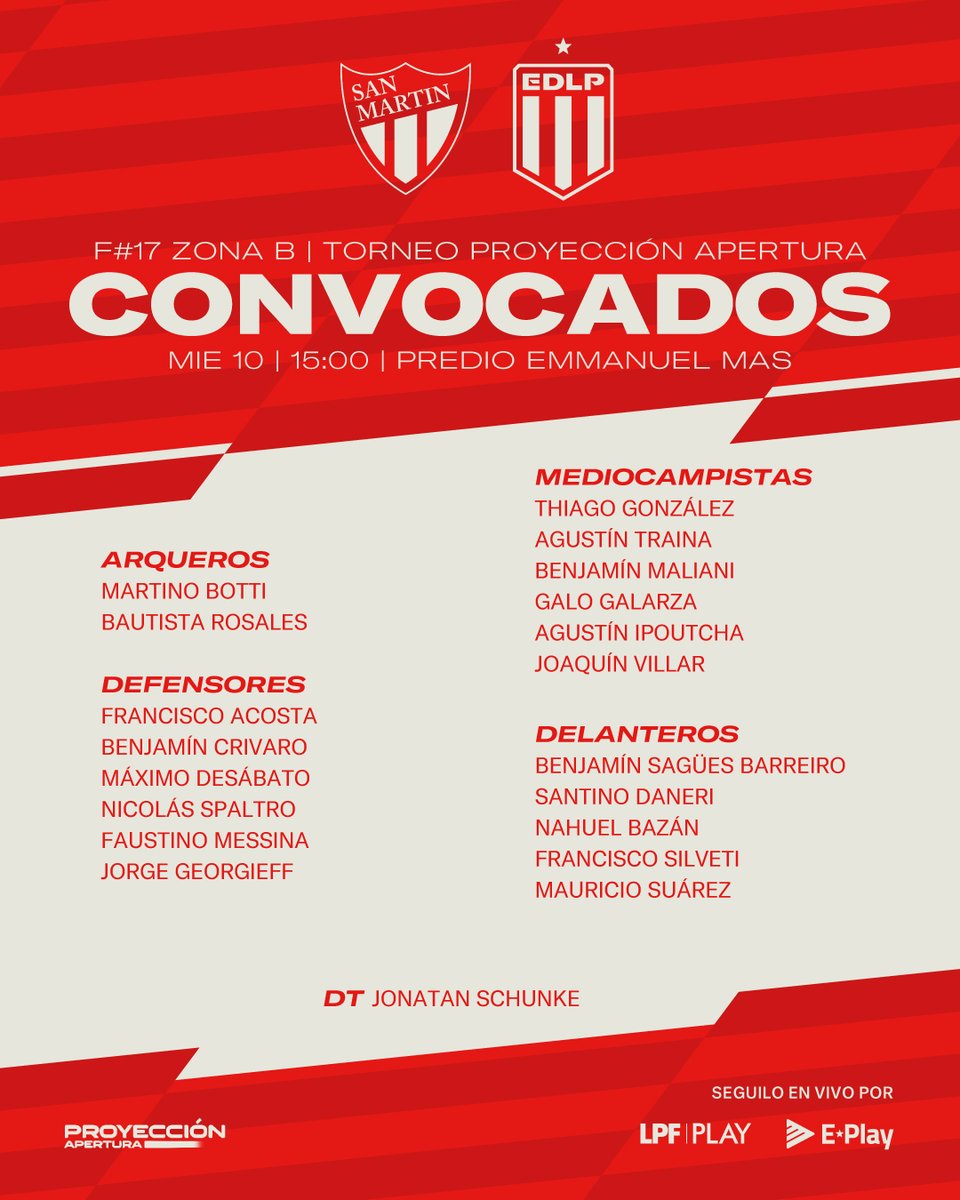 EdelpFutbol's tweet photo. 📋 Los futbolistas convocados para enfrentar a San Martín de San Juan, por la fecha 17 del #TorneoProyección Apertura.

▶ https://t.co/Sa2805kvEr | https://t.co/fJod71VK9r https://t.co/EfjyCPfrUU