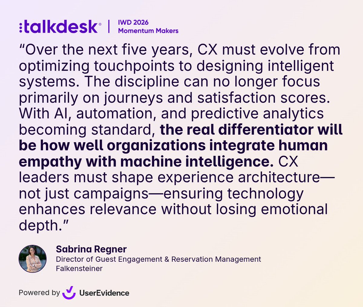 Talkdesk's tweet photo. As CX shifts towards automation, it’s critical to have leaders who prioritize the balance between technology and empathy. 

That’s why we’re proud to highlight Sabrina Regner as one of our 2026 Momentum Makers!

Learn more:

https://t.co/KvW0hoFB46

#Talkdesk #CX #AI #CXA https://t.co/9tjgLM6ju9