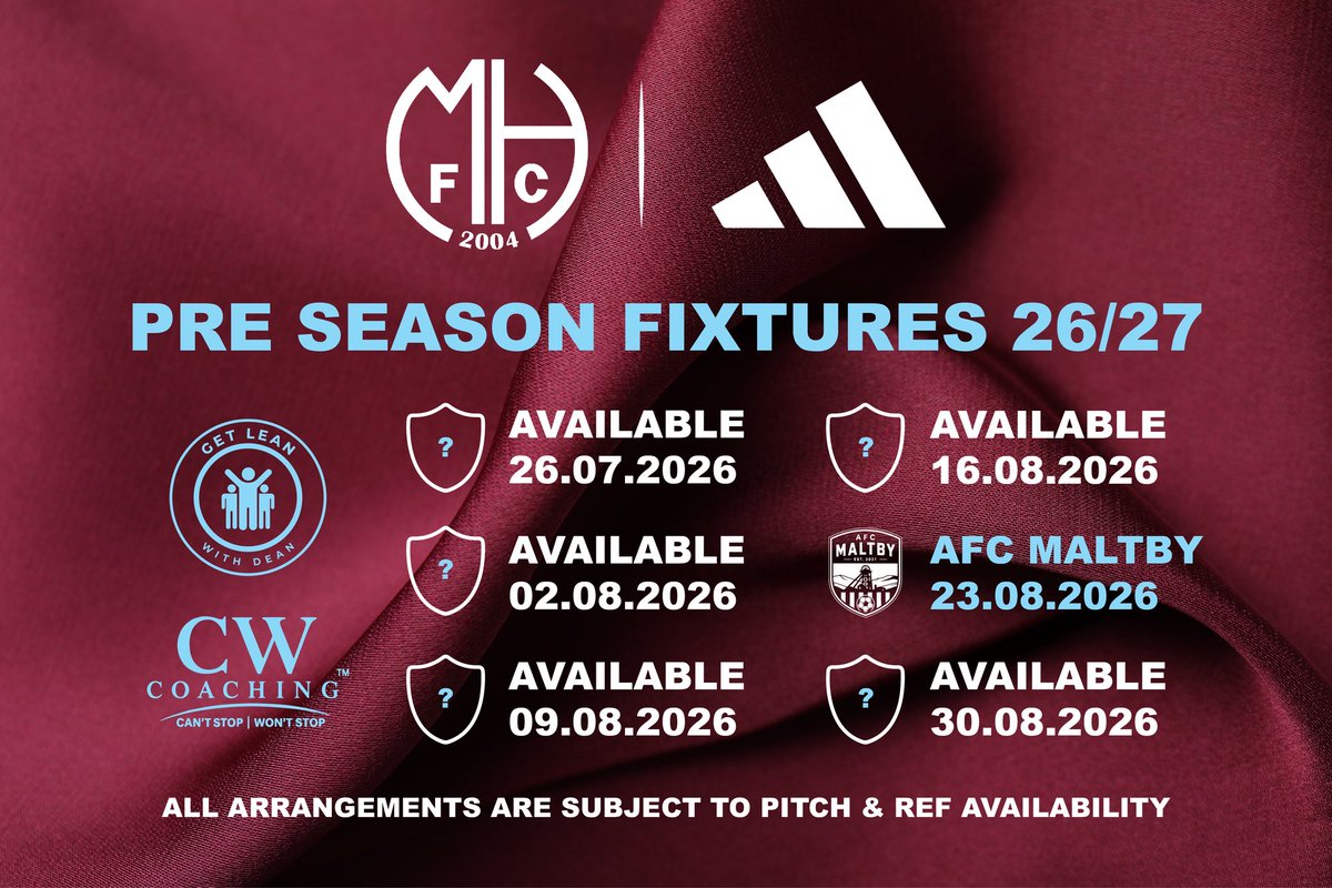 ManorHotelFC1's tweet photo. PRE-SEASON FRIENDLIES WANTED!

Dates available:

Sun 26th July
Sun 2nd Aug
Sun 9th Aug
Sun 16th Aug
Sun 23rd Aug v @AFCMaltby ✅
Sun 30th Aug

#UTM | @Rdslfootball | @BarnsleySunday https://t.co/vpqbw2vXnQ