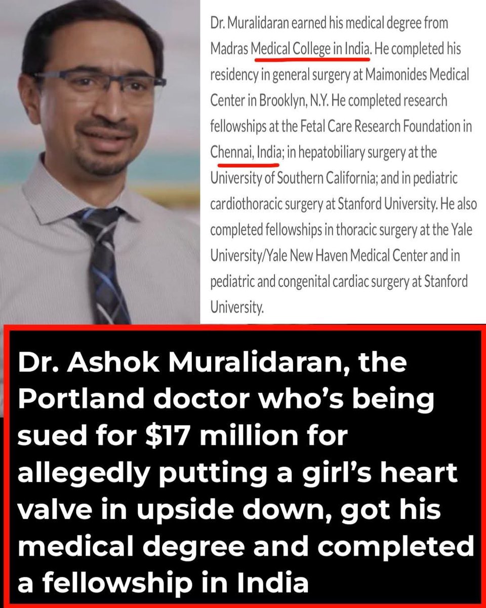 GOP_is_Gutless's tweet photo. I think we need to start deporting these Indians just about as fast as we’re deporting the Somalis. 

😱😱 Dr. Ashok Muralidaran, the Portland doctor who’s being sued for $17 million for allegedly putting a girl’s heart valve in upside down, got his medical degree and completed a fellowship in India... — in New York, NY.