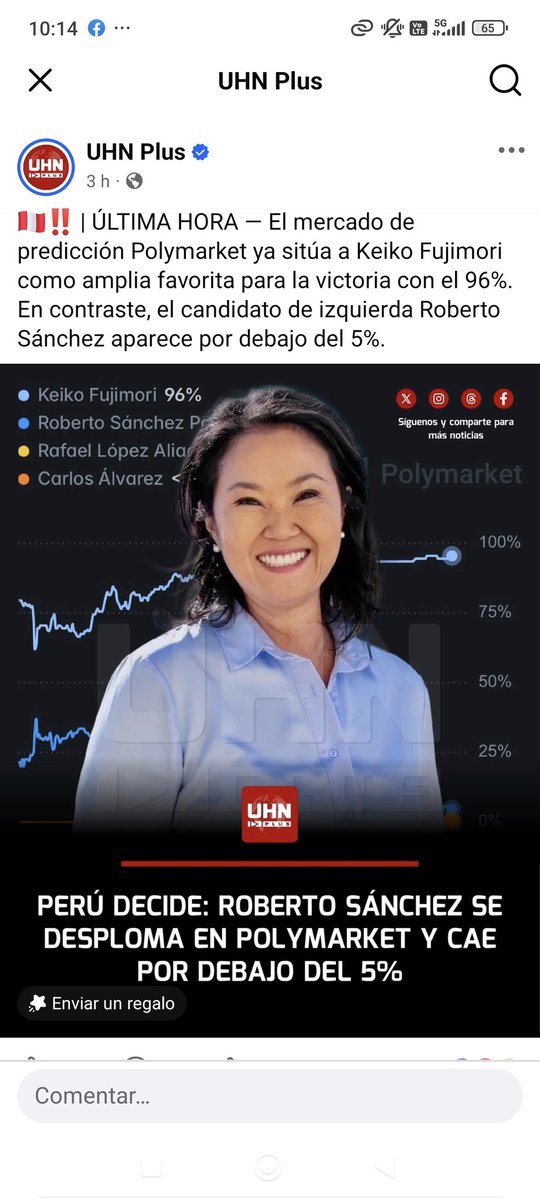 Influencercali's tweet photo. @ToroDeArena Hasta el momento, con el 96% de actas contabilizadas, Roberto Sánchez es el Presidente. En estadística lo llaman muestreo sesgado. ¿Sigue polymarket una agenda y/o ideología específica? https://t.co/icA4AJm4c7