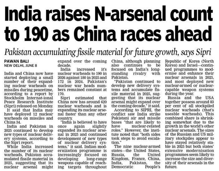 LyfeMusings's tweet photo. India and China now have started deploying a small number of their expanding nuclear warheads on missiles during peacetime, according to a report by Stockholm International Peace Research Institute (SIPRI) released on Monday . https://t.co/XJkYGs1X6i