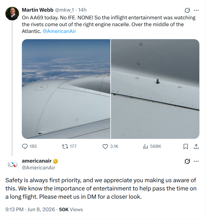 MarkBToole's tweet photo. The robot "thought" this was a complaint about not being able to watch highly censored versions of bad movies from 8 years ago, not about the ENGINE (slightly) FALLING APART OVER THE ATLANTIC.

"But the humans love to Consume Content On The Go!" https://t.co/X9EEPOsTqF
