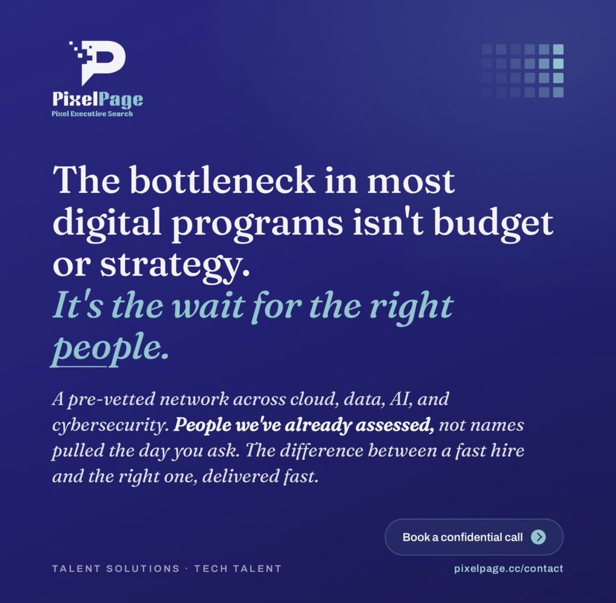 pixelpage_sa's tweet photo. Digital programs don’t wait for strategy.
They wait for people.
#PixelPage delivers pre-vetted tech talent across cloud, data, AI, and cybersecurity through curated shortlists.
The right hire, delivered fast, moves Vision 2030 roadmaps. https://t.co/56XJ4dKD2Q