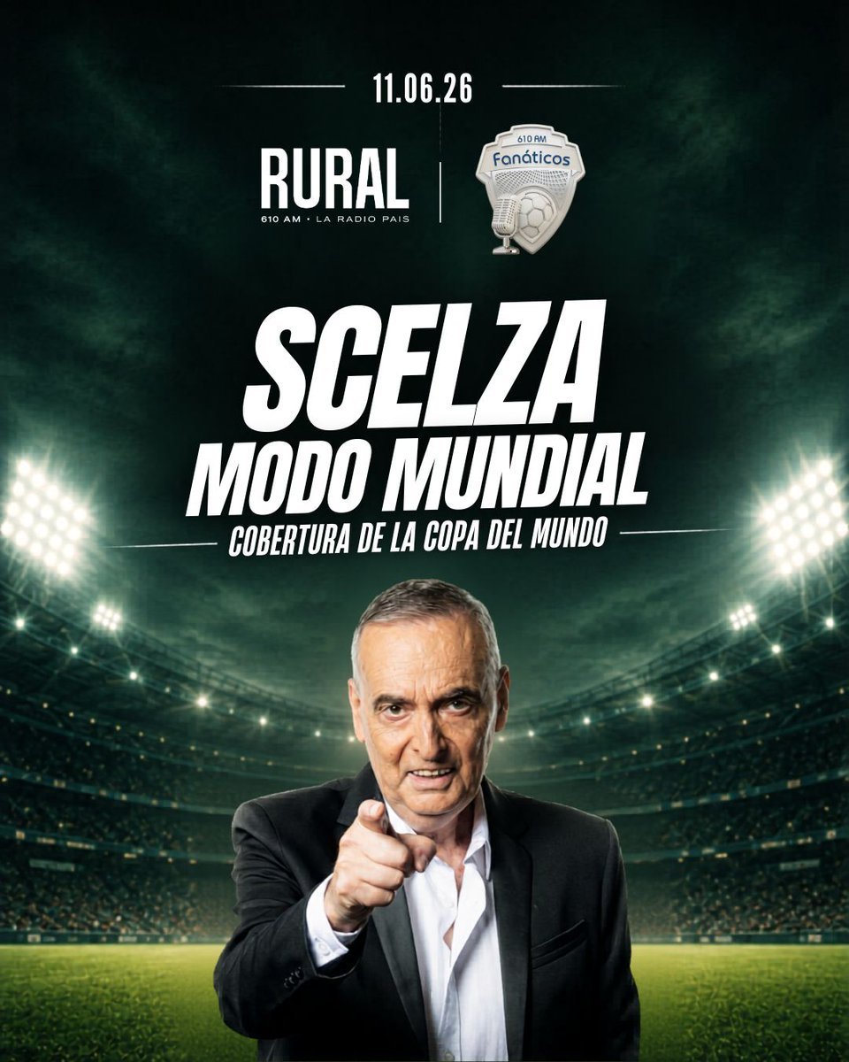 610Rural's tweet photo. El Mundial se vive por Radio Rural y Fanáticos junto a Juan Carlos Scelza ⚽

Estadios, sedes, ciudades, partidos y todo el camino de Uruguay, con la mirada y experiencia de quien conoce el juego.

Cobertura especial de la Copa del Mundo 🏆

#RadioRural #Scelza #Mundial2026 https://t.co/EYHGijLw6N