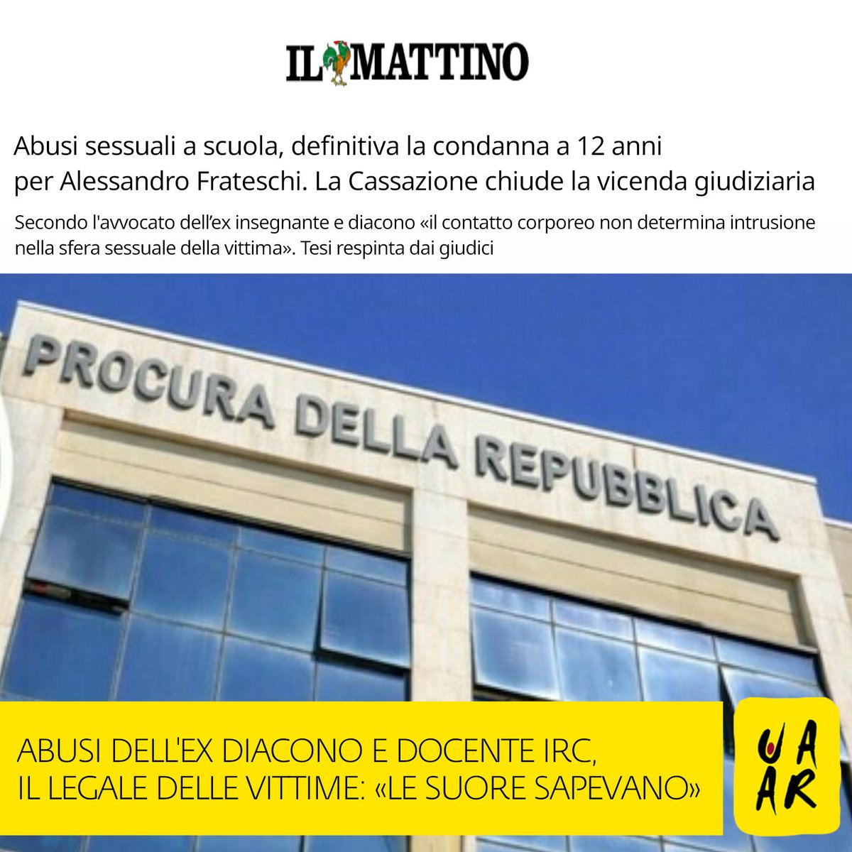 UAAR_it's tweet photo. Ex diacono e docente #IRC condannato per #abusi su minori. Arrestato nel 2023, caso segnalato alla diocesi. Ma solo nel 2025 la Chiesa lo dimette dallo stato clericale. Per il legale delle vittime le suore della casa famiglia dove collaborava sapevano.👇
https://t.co/XPAiw2Xg41 https://t.co/cTkCgLJIMH