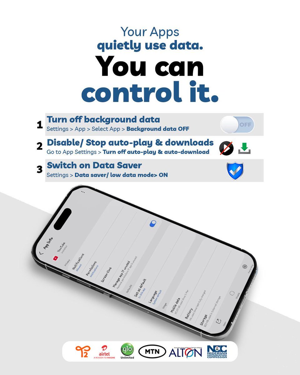T2mobile_ng's tweet photo. Data disappearing faster than expected?
It might be time for a quick settings check.
Follow these steps and stay in control.
#WaysToSaveData
#YourDigitalLifestylePartner
#T2mobileNG https://t.co/2OcOAqp2Vn