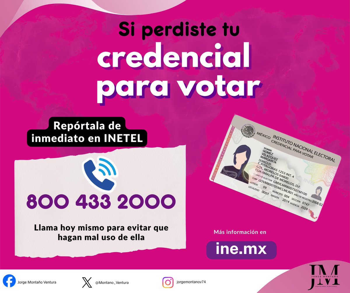 Montano_Ventura's tweet photo. ⚠️ ¿Perdiste o te robaron tu credencial para votar? 

¡Actúa rápido! Proteger tus datos personales y evitar un mal uso es una prioridad.

Reporta de inmediato al @INEMexico:
📞 800 433 2000

Más información 👉 https://t.co/90wiWyrbM7

#VivamosLaDemocracia #CredencialParaVotar #TuINE