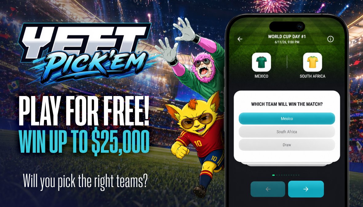 yeet's tweet photo. Every World Cup match is a chance to win — and it costs you nothing.

YEET Pick'Em lets you predict goals, corners, cards & more for FREE.

Win from just 5 correct picks, with prizes up to $25,000 up for grabs daily.

The whole tournament. Every game. Zero entry fee. Just sign in and play.

https://t.co/e74XNhVpya