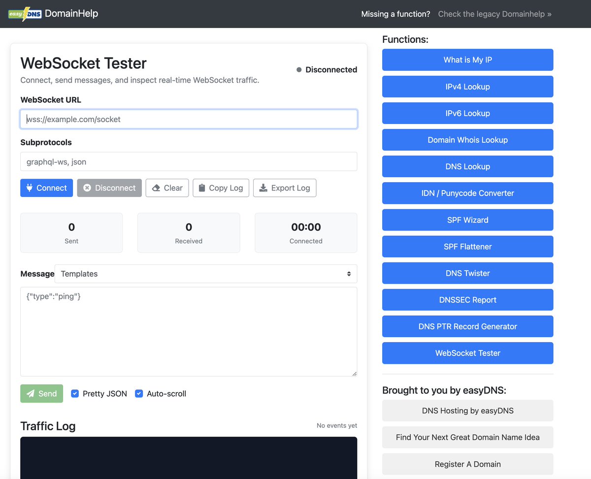 easyDNS's tweet photo. We've added a plain vanilla web socket test to the Domainhelp toolbox, for anyone interested...👇 https://t.co/8kIetO4Pnu