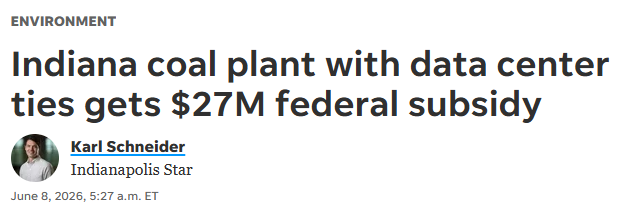 Ben_Inskeep's tweet photo. The federal government is handing out $27 million in subsidies to an Indiana coal plant. 🏭

The kicker? It's the coal plant that is going to be used to power Google &amp; Amazon data centers.

Big Tech gets subsidies for its energy💰. You pay higher bills for yours.📈 https://t.co/6IMiSuv54g