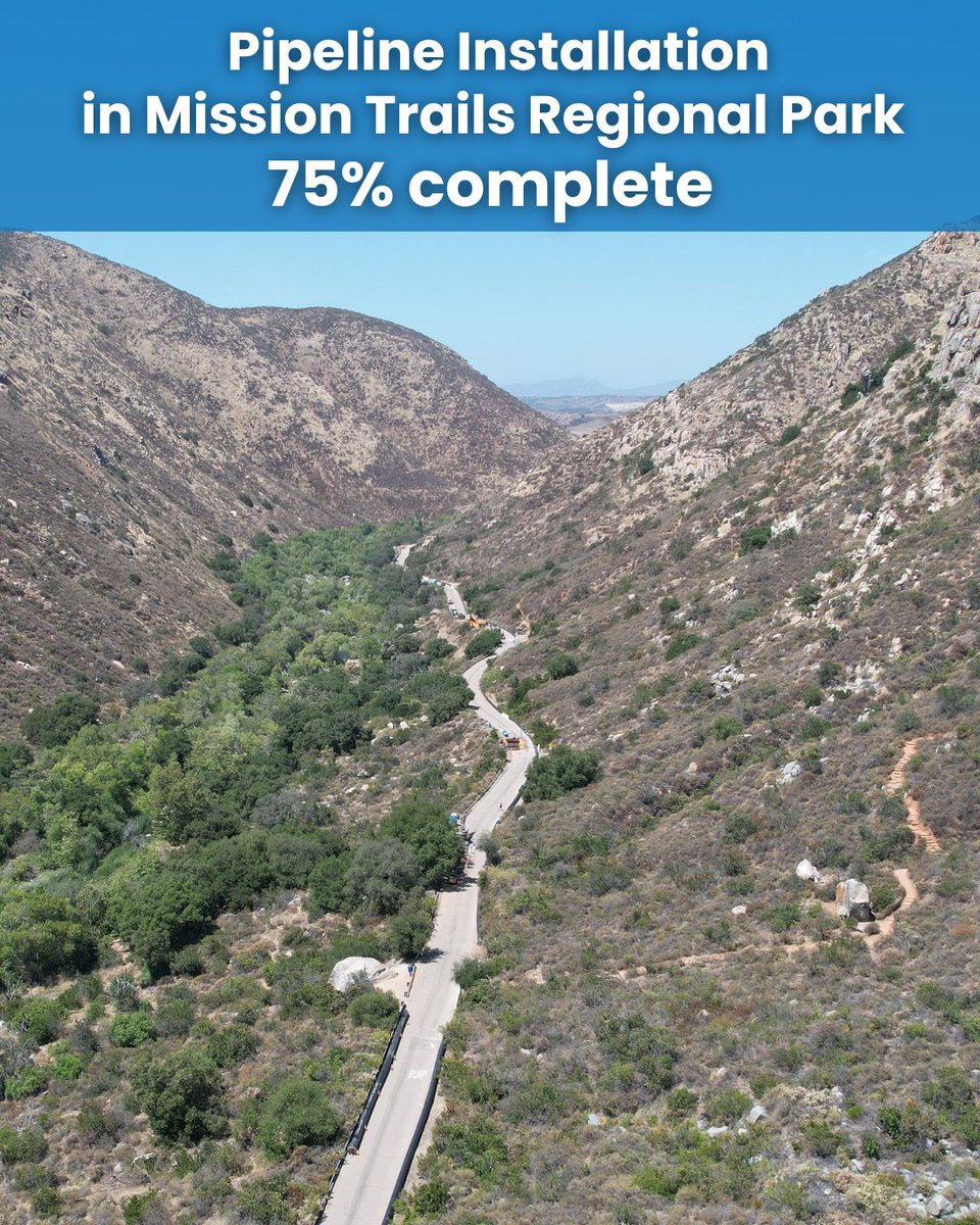 EastCountyAWP's tweet photo. Good news! 🎉 Pipeline construction in Mission Trails Regional Park is now 75% complete. We appreciate everyone’s patience and support as improvements continue to take shape. If you have any questions, please give us a call at 619.258.4644. #EastCountyAWP https://t.co/tgvjGu0SXQ
