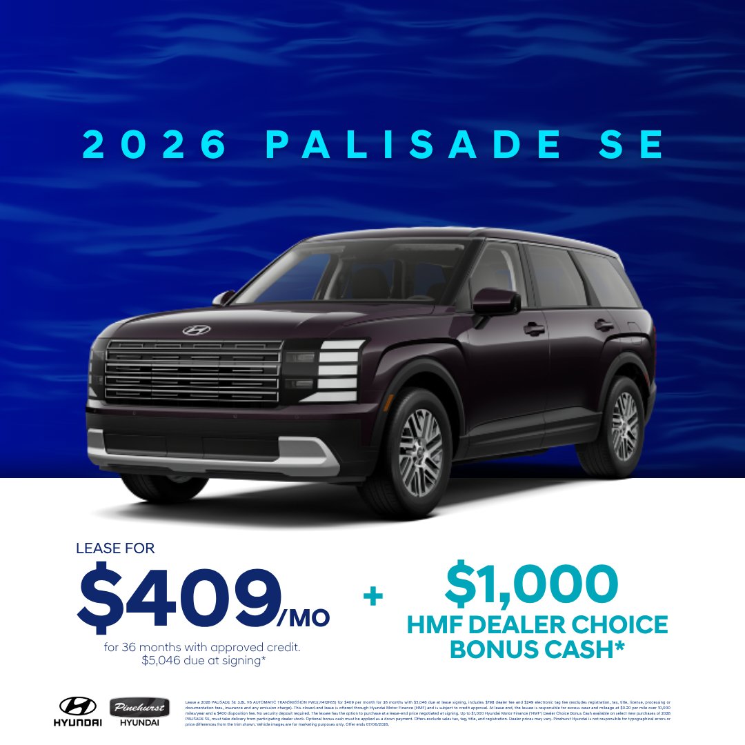 PineHyundai's tweet photo. Summer road trips feel better in the Palisade ☀️ With comfort, space, and a refined ride, it’s built for every family adventure this season. Explore new models at Pinehurst Hyundai today.

https://t.co/B9XCBn4Tw3

#Hyundai #HyundaiPalisade #Palisade #PalisadeOffer #HyundaiDeals https://t.co/ghUdDLNUZ7