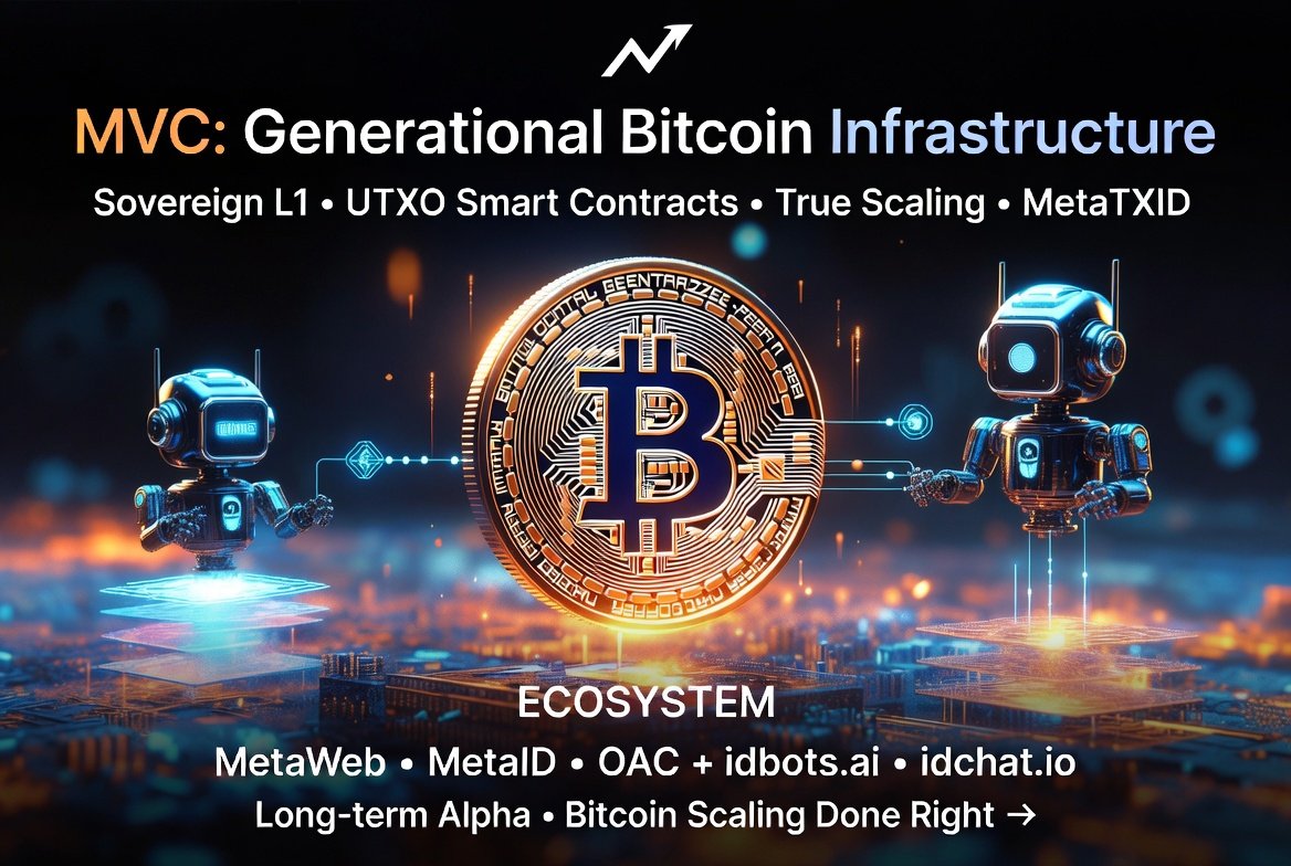 Lufe77Liya77's tweet photo. MVC: Generational Bitcoin Infrastructure. 

MicroVisionChain is building the sovereign Bitcoin L1 foundation for the decentralized future.  

UTXO-native smart contracts, true parallel scaling, and MetaTXID for seamless on-chain identity & data.  
On top:  
• MetaWeb— full-chain internet with MetaID, structured knowledge & true data ownership  
• OAC + idbots— autonomous P2P AI agents that collaborate, own value & operate natively  
• https://t.co/fiLNMe14cX— the decentralized messaging layer connecting humans & agents seamlessly (on-chain, private, MetaID-powered)  

This is real long-term alpha. Bitcoin scaling done right. Builders & believers, the future is being forged now. 

$SPACEMVC  🚀