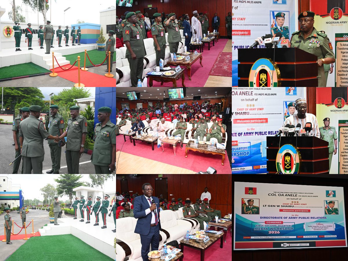 HQNigerianArmy's tweet photo. COAS TASKS MEDIA TO DOMINATE INFORMATION SPACE, COUNTER FAKE NEWS…Declares Open DAPR Combined First and Second Quarter Media Workshop 2026

The Chief of Army Staff (COAS), Lieutenant General Waidi Shaibu, has charged media professionals to take a leading role in countering misinformation and fake news, emphasizing that dominance of the information space is critical to strengthening national security and achieving operational success.

The COAS gave the charge on Tuesday, 9 June 2026 at the opening ceremony of the Directorate of Army Public Relations (DAPR) Combined First and Second Quarter Media Workshop 2026, held at the Army War College Nigeria.

He described strategic communication as a vital force multiplier in modern military operations, noting that effective media integration is indispensable to joint and multi-agency operational success. According to him, in today’s complex information environment, where perception often shapes reality, the media remains a key partner in shaping narratives, building public confidence and denying adversaries the opportunity to exploit information gaps.

Represented by the Chief of Civil-Military Affairs (Army), Major General Musa  Etsu-Ndagi, the COAS stressed that sustained media engagement and public support are now strategic imperatives across all theatres of operation. He added that transparent and proactive communication enhances credibility, fosters trust and reinforces the overall national security framework.

Addressing the theme, “Media Integration as a Force Multiplier for Joint and Multi-Agency Operational Success,” the COAS described the workshop as timely and forward-looking. He noted that it provides a critical platform for stakeholders to share ideas, adopt global best practices in conflict-sensitive reporting and develop coordinated strategies to counter misinformation and disinformation.

Lieutenant General Shaibu further highlighted the significant operational gains recorded by the Nigerian Army through enhanced inter-agency collaboration, intelligence sharing and unified planning. He emphasized that these successes must be effectively communicated to the public to sustain confidence and prevent adversaries from distorting operational realities.

The Army Chief reaffirmed the unwavering commitment of the Nigerian Army to defending Nigeria’s sovereignty, territorial integrity and constitutional order. He commended the Acting Director Army Public Relations, Colonel Appolonia Anele, for her leadership in organizing the workshop and advancing the strategic communication capabilities of the Nigerian Army.

The COAS also expressed profound appreciation to the President and Commander-in-Chief of the Armed Forces of the Federal Republic of Nigeria, President Bola Ahmed Tinubu, GCFR, for his sustained support and strategic guidance towards enhancing the operational effectiveness of the Armed Forces.

Earlier in her welcome  remarks, the Acting Director Army Public Relations,  Colonel Appolonia Anele, highlighted the importance of the workshop in addressing Nigeria’s evolving security landscape. She noted that contemporary threats now extend beyond the battlefield into the information domain, where fake news, misinformation, disinformation and Artificial Intelligence-generated content pose serious risks to national security.

She emphasized that collaboration between the military and the media is essential to ensuring accurate information dissemination, strengthening national cohesion and preventing hostile actors from exploiting the information space for destabilizing purposes.

Colonel Anele expressed appreciation to the Chief of Army Staff Lieutenant General Waidi Shaibu for his visionary leadership and continued investment in personnel development, modernization and strategic communication, which have positioned the Nigerian Army to effectively respond to both current and emerging security challenges.

APPOLONIA ANELE
Colonel
Acting Director Army Public Relations
9 June 2026
