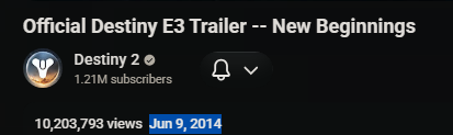 KlonopinKozy's tweet photo. 12 years ago today, Destiny 1's official trailer was uploaded.

And 12 years later, on the same date, Destiny 2's final update goes live. https://t.co/I5hoApZ7X9