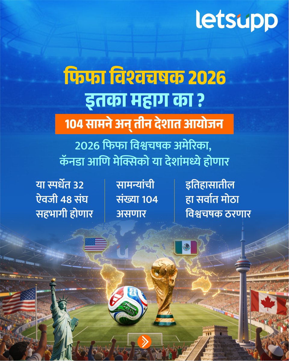 LetsUppMarathi's tweet photo. येत्या गुरुवारपासून (11 जून) फिफा वर्ल्ड कप 2026 ला सुरुवात होतेय. फिफा हा फुटबॉलचा जगातील सर्वात मोठी स्पर्धा आहे. यंदा ही स्पर्धा अमेरिका, कॅनडा आणि मेक्सिको या देशांमध्ये होणार आहे. यंदाची स्पर्धा सर्वाधिक महागडी असणार आहे. या स्पर्धेबाबत जाणून घेऊया...
- https://t.co/4vYamGa14S