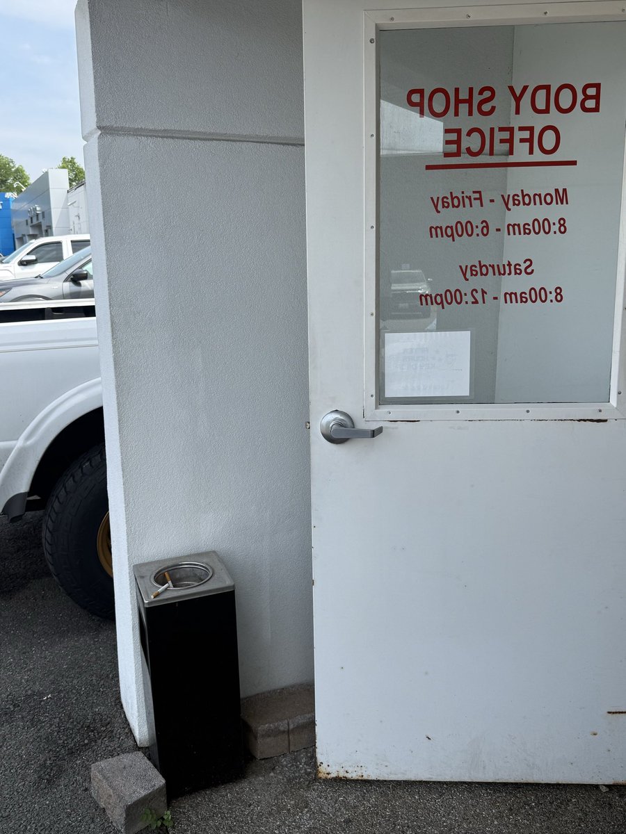 2Swannlake's tweet photo. #OurismanChevrolet Bowie Md. the last thing I need is #cigarettesmoke in my face when I come to your body shop! It’s 10 am! Move that ridicullus ash can! #cigarettesKill @Ourisman_Chevy https://t.co/LVZvnXPoiI