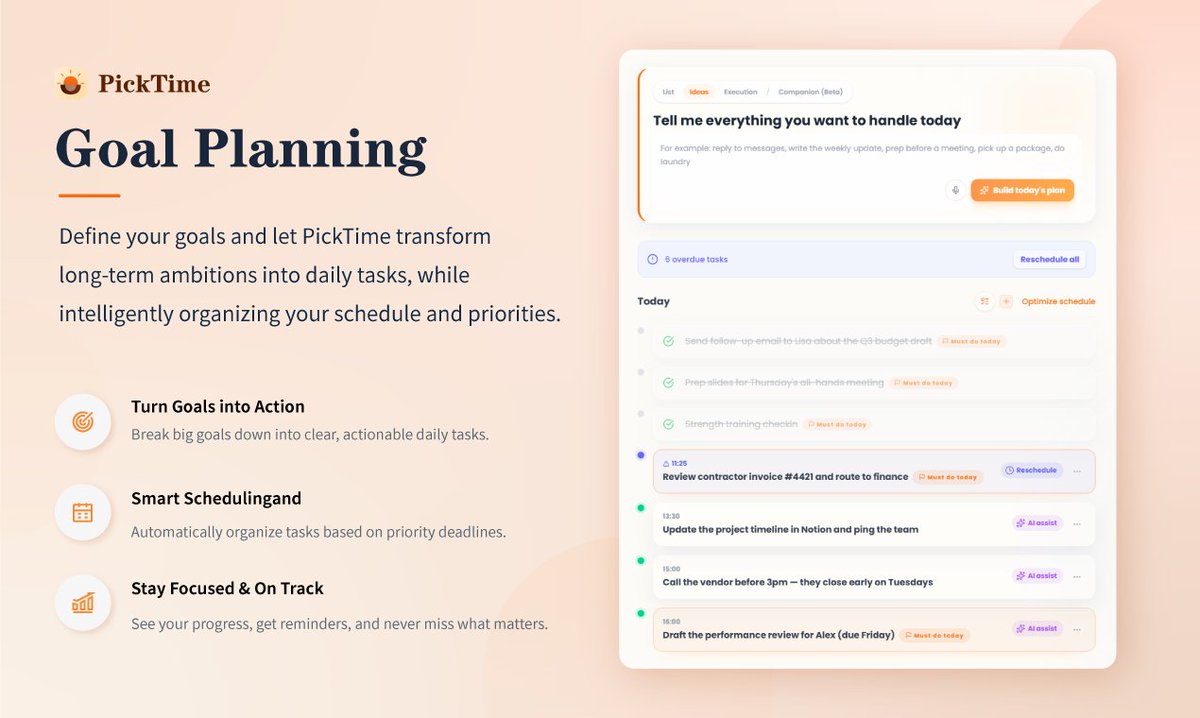 picktime_ai's tweet photo. ADHD isn't a lack of attention.

It's often too much attention competing at once.

The hardest part isn't focusing.
It's deciding what to focus on.

That's why we built PickTime.

Instead of overwhelming task lists, PickTime turns big goals into clear next actions.#ADHD #PickTime https://t.co/px0RDDuZmb