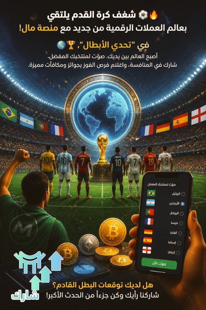 MalFinance's tweet photo. ⚽ شغف كرة القدم يلتقي بعالم العملات الرقمية من جديد مع منصة مال!
🌍🏆 في "تحدي الأبطال"، أصبح العالم بين يديك. صوّت لمنتخبك المفضل، شارك في المنافسة، واغتنم فرص الفوز بجوائز ومكافآت مميزة.
هل لديك توقعات البطل القادم؟ 👀 شاركنا رأيك وكن جزءاً من الحدث الأكبر!
صوت: https://t.co/VFO8JbpUh0
 #منصة_مال #تحدي_الأبطال #كأس_العالم_2026 #Crypto #Football
