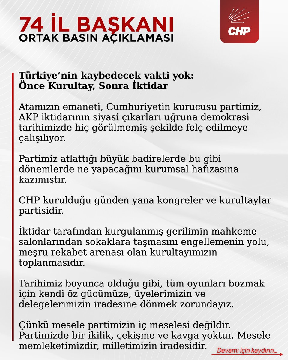 GuzelkayaSeda's tweet photo. 74 il başkanımızın ortak açıklaması: 

"Seçilmiş Genel Başkanımız Özgür Özel, Cumhurbaşkanı Adayımız ise milletimizin oylarıyla seçilen Ekrem İmamoğlu’dur.”

#CHP #ÖzgürÖzel #Ekremİmamoğlu https://t.co/Ds8C84EJ4D