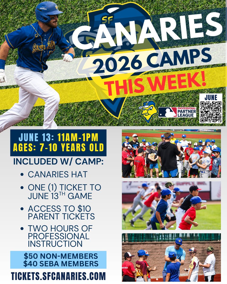 canaries's tweet photo. ⚾️Our first Kids Camp of the summer is THIS SATURDAY from 11:00 AM–1:00 PM!⚾️

Don't miss this fun-filled day at the ballpark! Register your child today:

👉 https://t.co/zTGrjDS0OT https://t.co/weEZqgkUUO